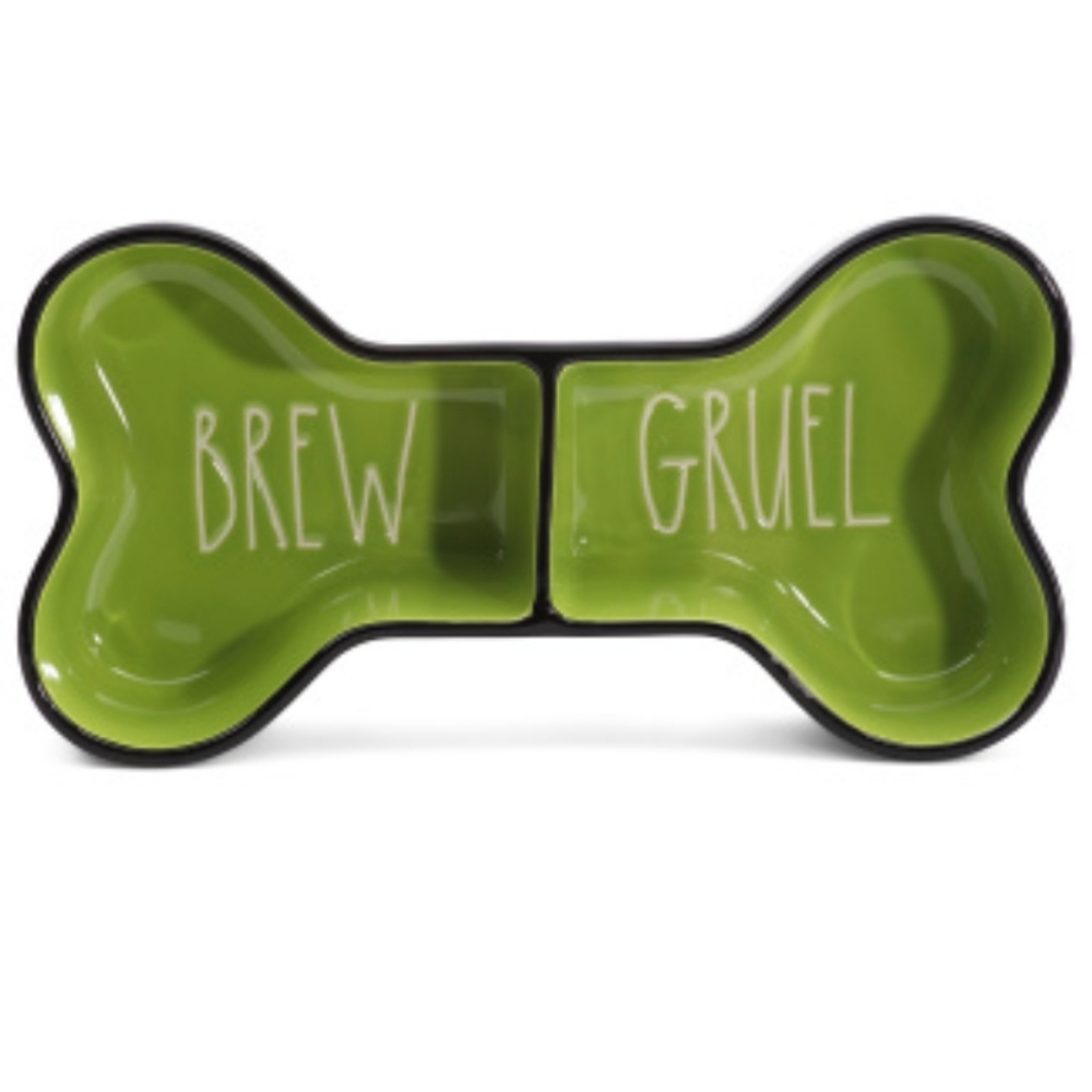Rae Dunn Brew and Gruel Pet Bowl Bone shape green black
